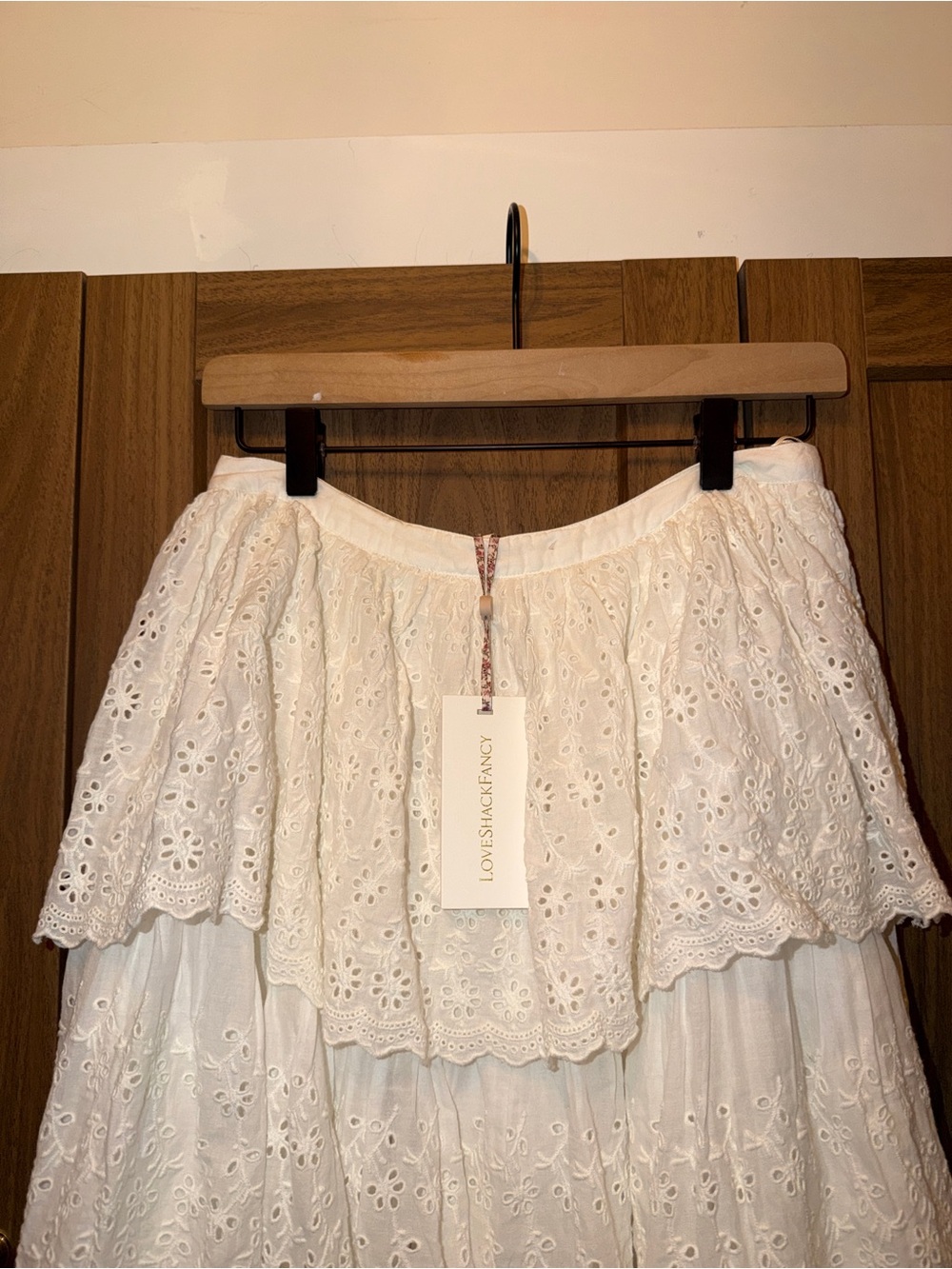 LoveShackFancy White Eyelet Tiered Maxi Skirt with Scalloped Edging